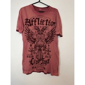 Affliction Shirt Mens Medium Red Live Fast Spell Out Distressed Cotton